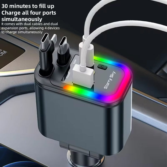 4 in 1 66W Retractable Car Charger with Starlight Fast Charging