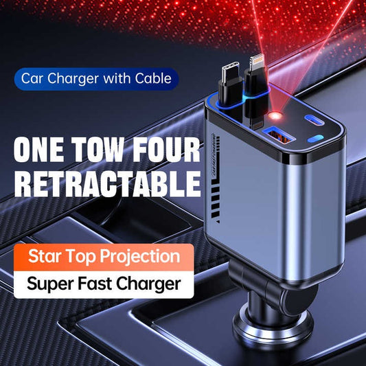 4 in 1 66W Retractable Car Charger with Starlight Fast Charging