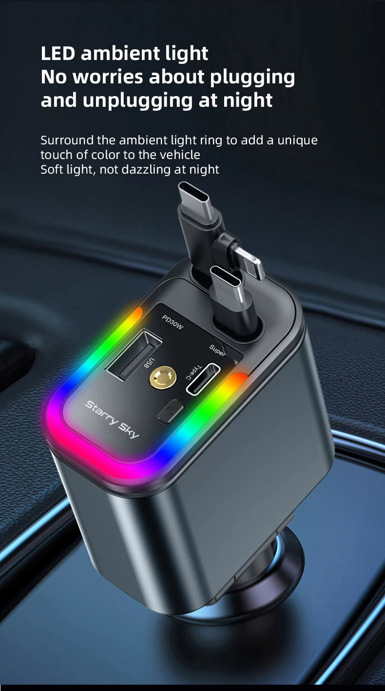 4 in 1 66W Retractable Car Charger with Starlight Fast Charging