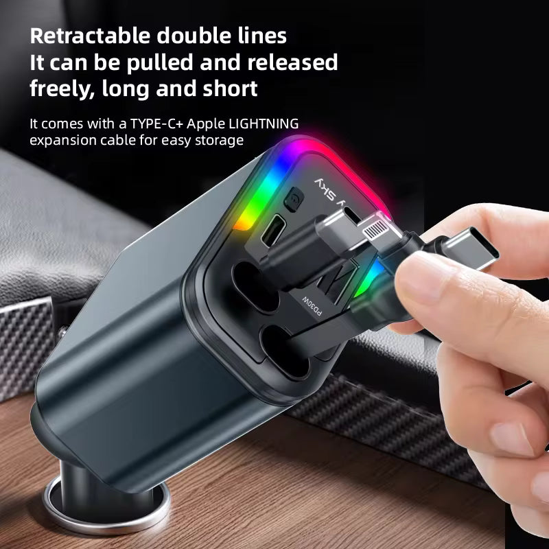 4 in 1 66W Retractable Car Charger with Starlight Fast Charging