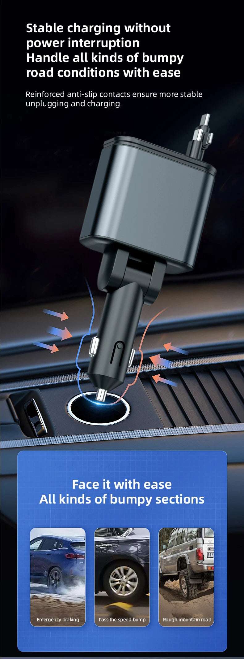 4 in 1 66W Retractable Car Charger with Starlight Fast Charging