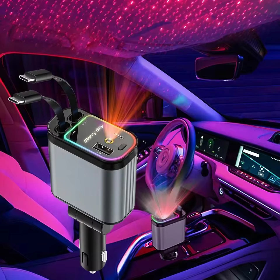 4 in 1 66W Retractable Car Charger with Starlight Fast Charging